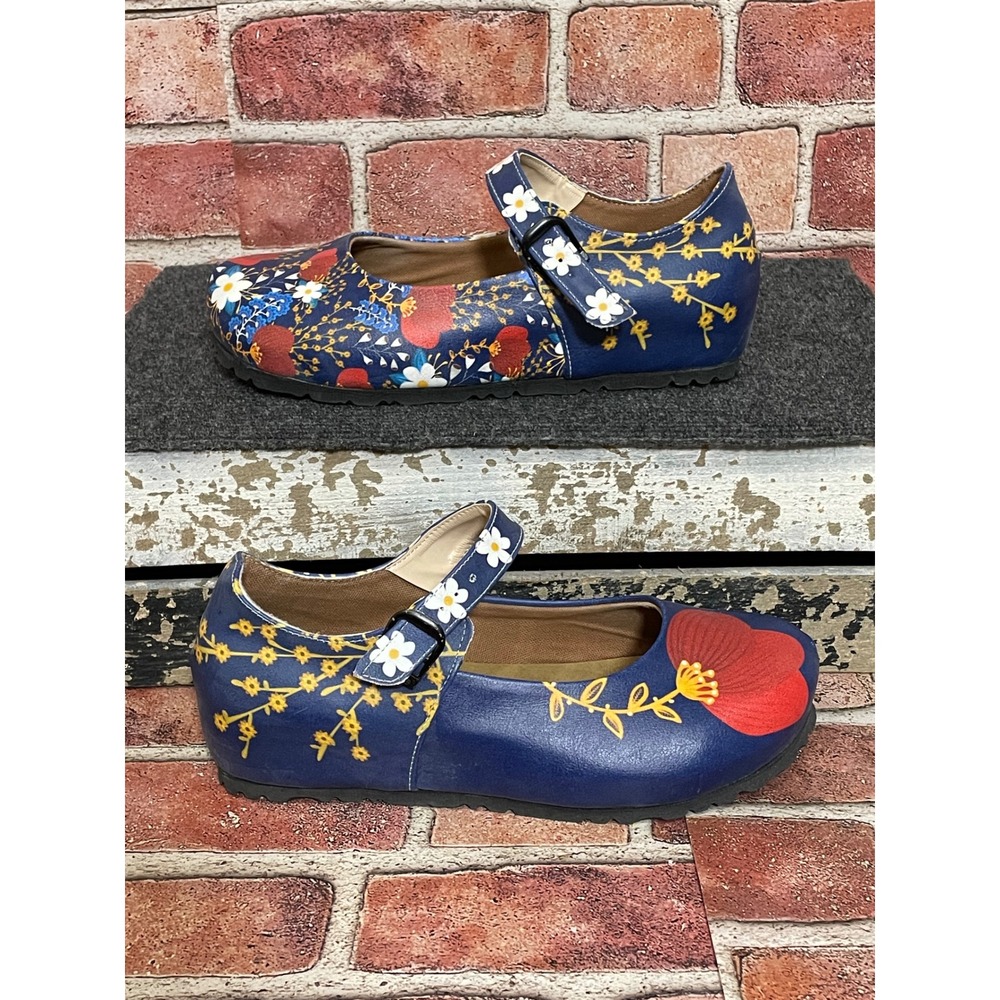Goby Womens Mismatched Floral Mary Jane Flats Navy Blue Vegan Leather Size 39